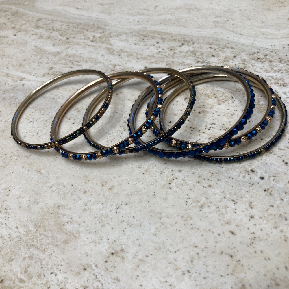 Six Sparkling Blue & Gold Beads With Gold Tone Bangles Women Bracelets Jewelry